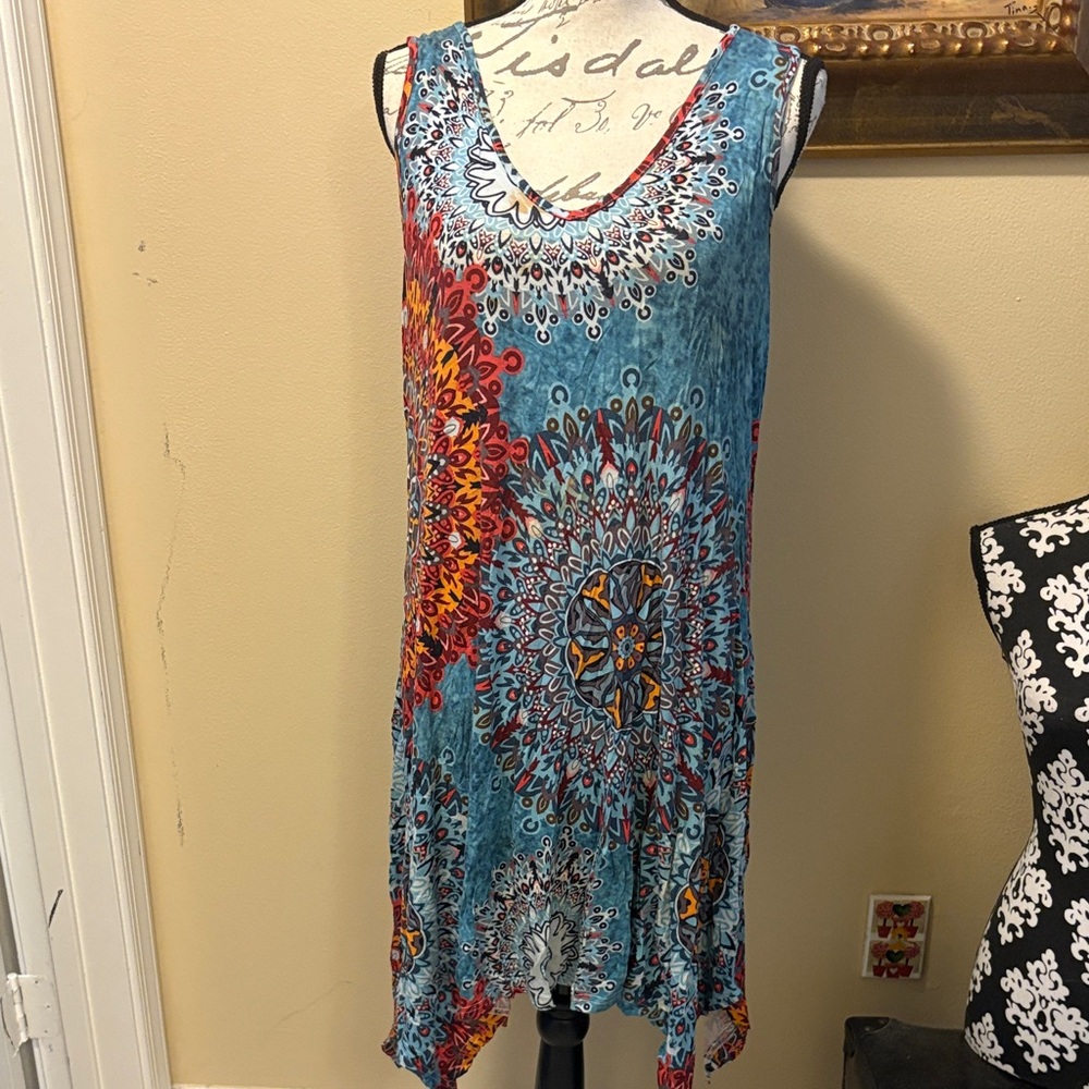 Popyoung Bohemian Multicolor Sleeveless Midi Swim Coverup, Casual Vacay Dress